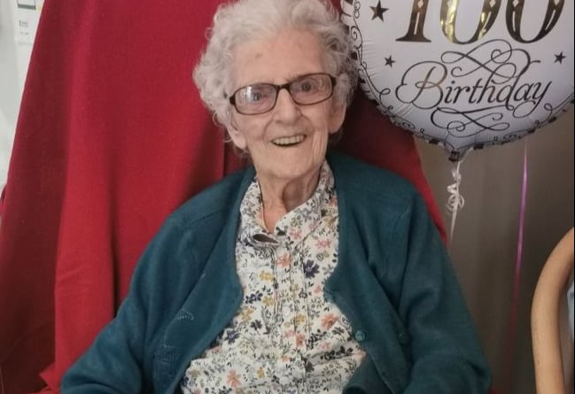 Betty Standley celebrates her 100th birthday at Marlfield Care Home in Alton on March 18 2022.