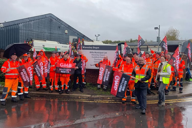 Striking bin men join the picket line at Biffa Guildford Road depot in Farnham