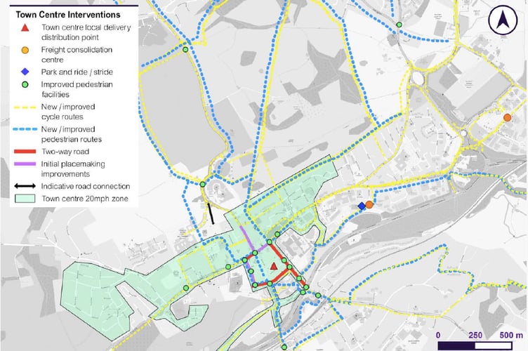 This map shows Surrey County Council’s proposed ‘town centre interventions’ in Farnham, including new or improved cycle routes marked in yellow