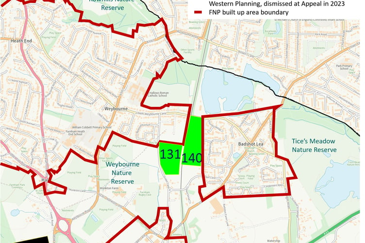 A map showing the recent appeal sites in the Weybourne and Badshot Lea area