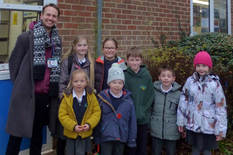 Medstead Primary School headteacher Matt Hunt with some of the pupils who are Young Environmentalists, January 2024.