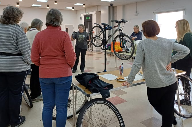 Hilary Hill leads a bicycle maintenance class for women at Alton Community Centre, February 12th 2024.