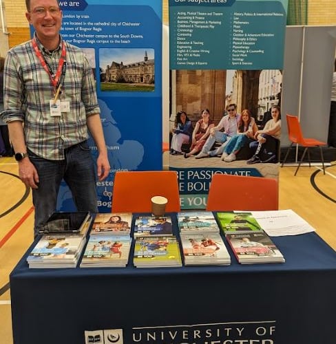 University of Chichester stand, HSDC Higher Education and Employment Fair, Alton College, March 2024.