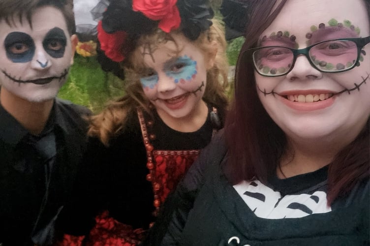 Megan, David and Evelyn, Vicky's Hallowe'en Garden, Victoria Road, Alton, October 31st 2024.