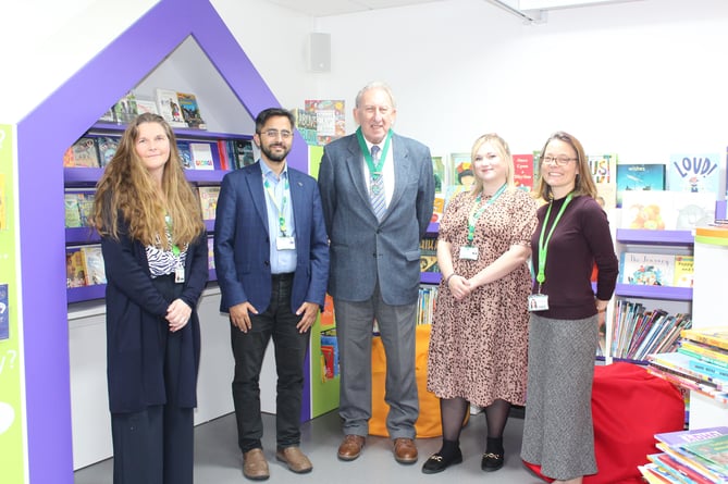 Louise Harding, Learning Resource Manager at Treloar's, Cllr Adeel Shah, EHDC Portfolio Holder for Community Development and Engagement, Cllr Graham Hill, EHDC Vice Chairman, Hannah Robbins, EHDC Community Development Officer, Karen Dawson, Head of Trusts at Treloar's, Treloar School and College, December 2024.