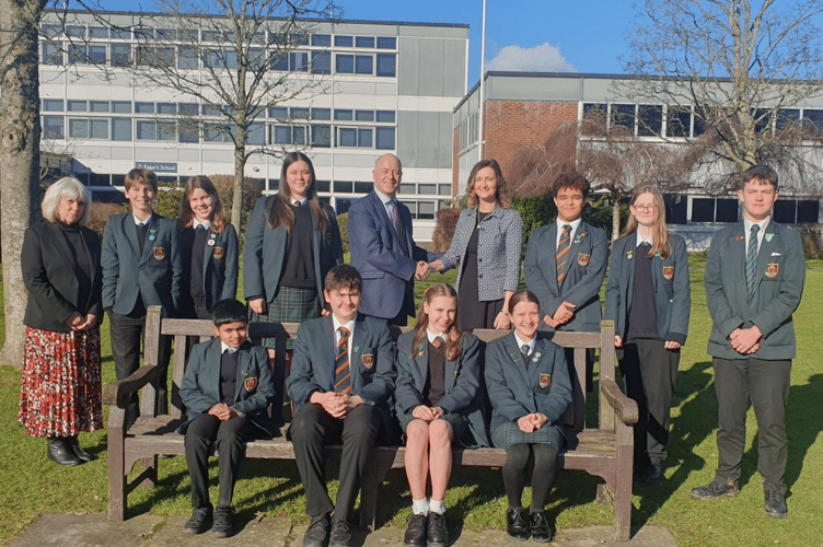 John Winter, chief executive of the Weydon Multi Academy Trust, Eggar's School headteacher Sarah Holman, and Eggar’s School pupils, Eggar's School, Alton, February 2025.